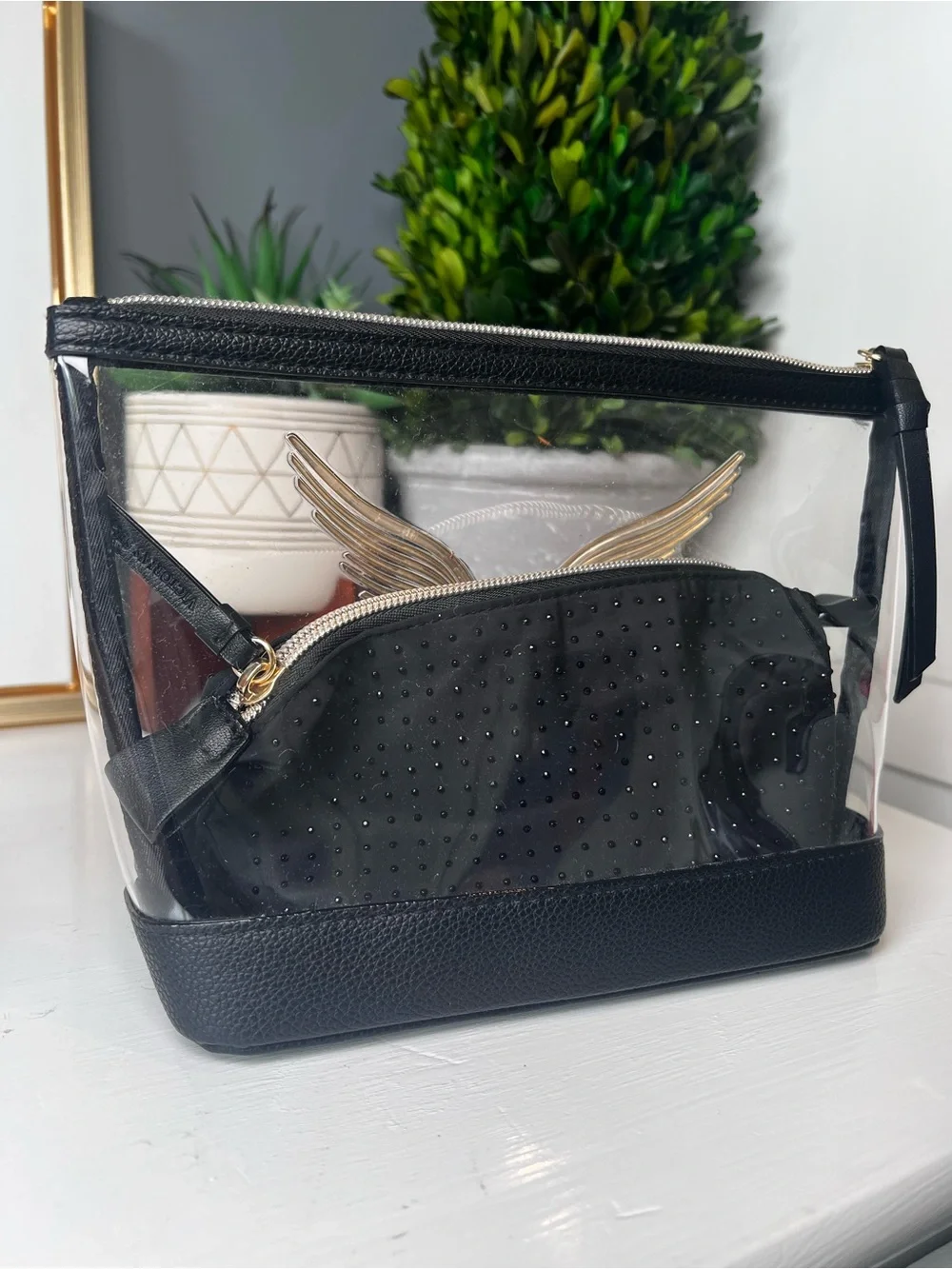 Victoria’s Secret Clear Cosmetic Bag Gold Wings Travel Makeup Pouch Black NWOT